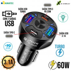 Carregador Veicular Turbo 60W 2 Tipo C + 2 USB XC-V18USB X-Cell - Preto